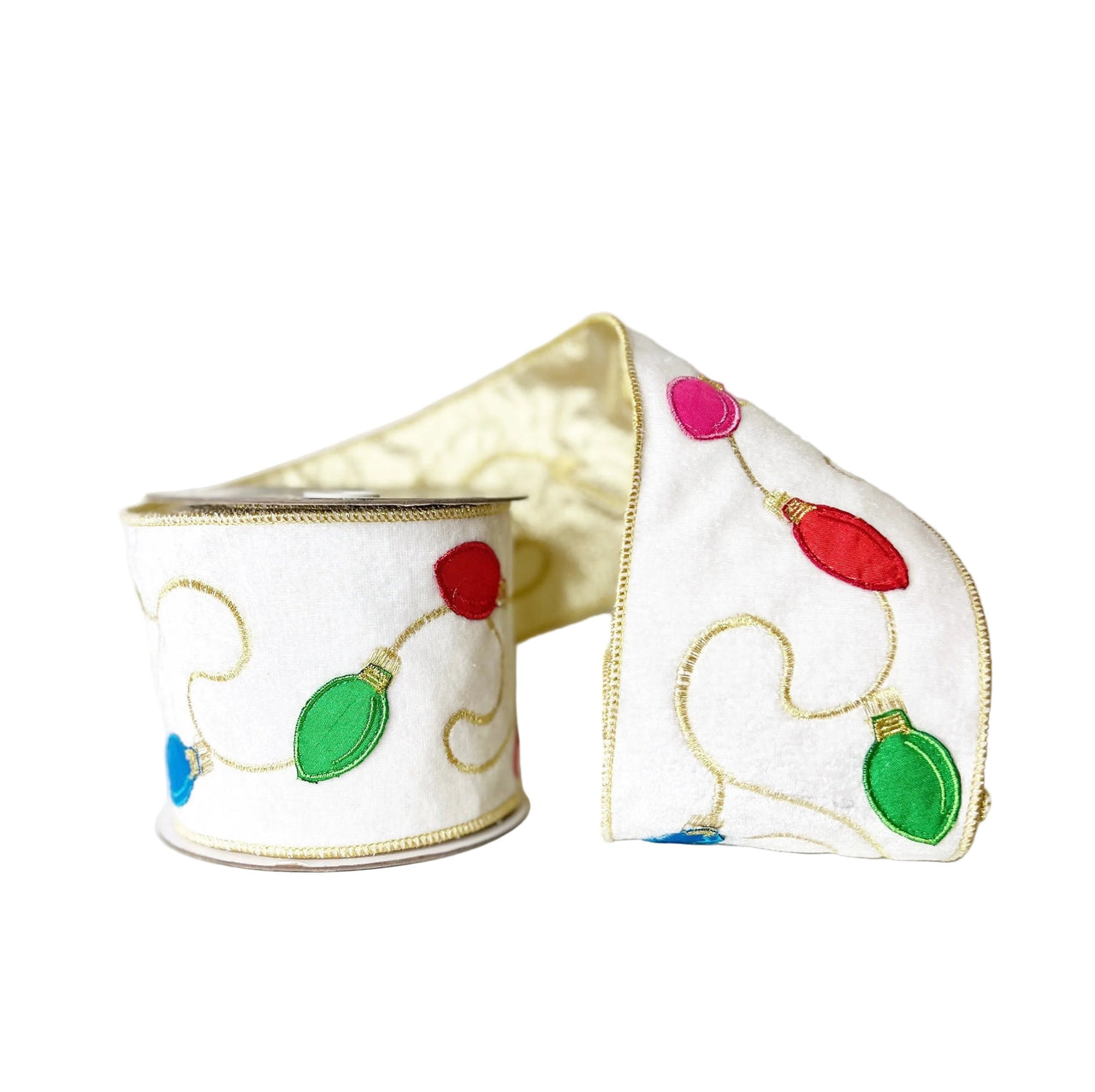 White Velvet with Mulit-Colored Light Bulbs 4" Wired Ribbon