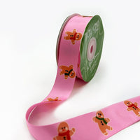 ~1 Inch Satin Holiday Print Ribbon with Woven Edge – 726-1-17 Dancing Gingerbread Man Ribbon