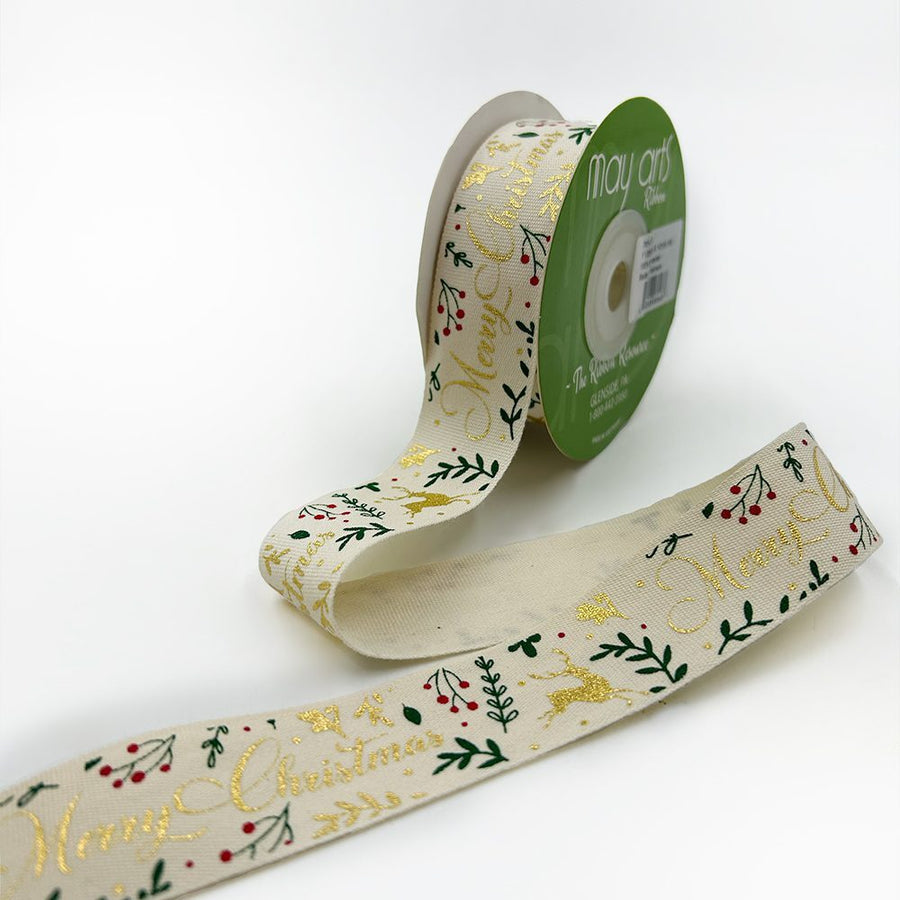 1 Inch Merry Christmas Print Ribbon with Cut Edge – 781-1-01 WHITE/GOLD