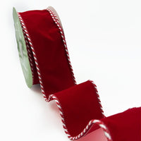 2.5 Inch Red Velvet Ribbon with Glitter and Red/White Ticking Wired Edge