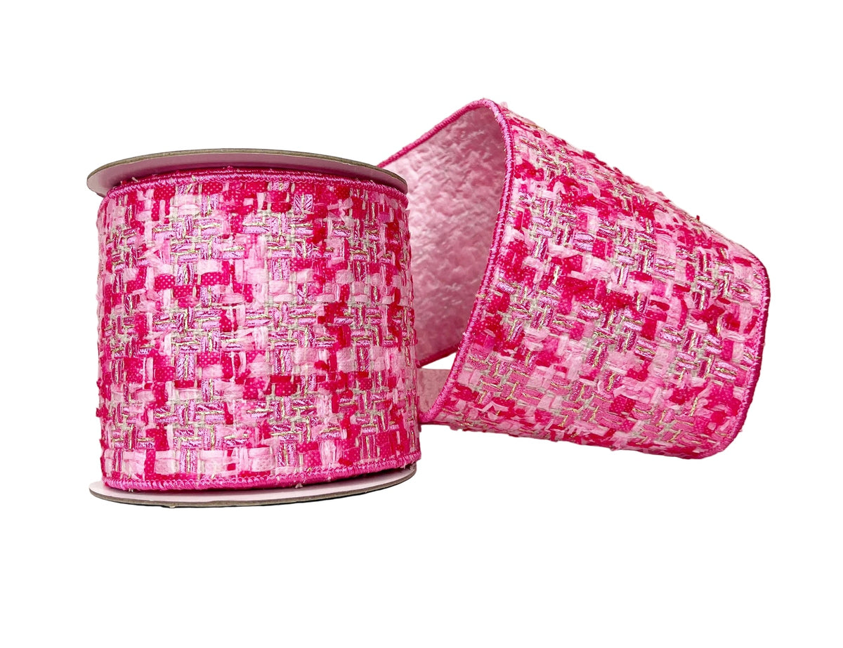 Pre-Order 2026-  Pink Tweed 4" Double Sided Wired Ribbon