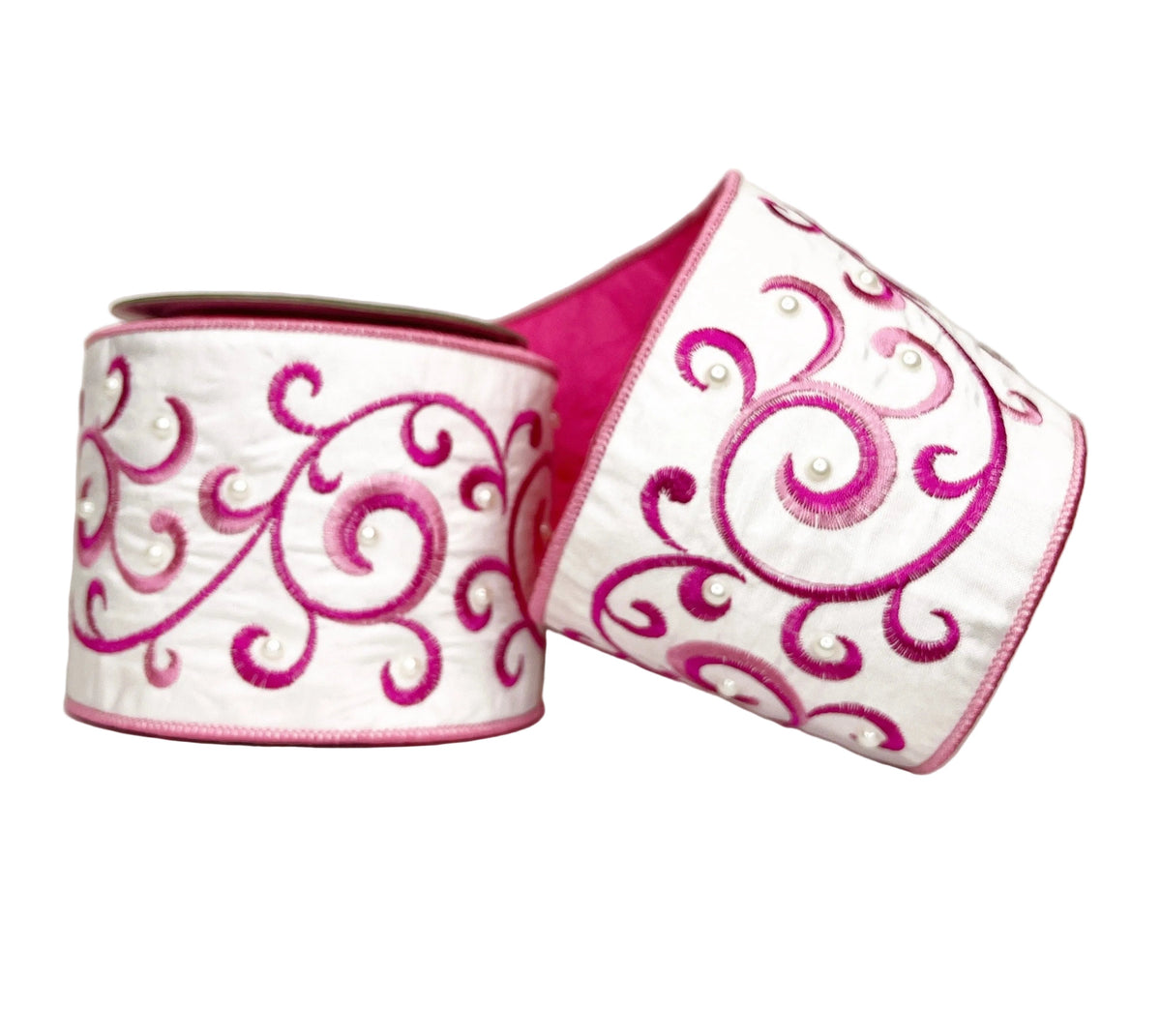 Wired Ribbon 4" White and Pink Pearl Vine