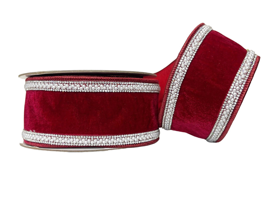 Pre-Order 2026- Red With Bling And Pearl Trim 2.5" Velvet Wired Ribbon