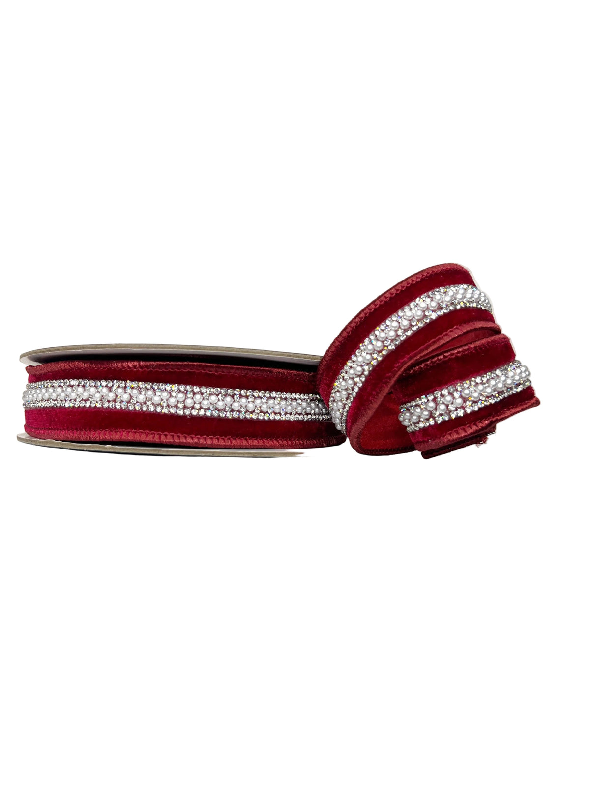 Red Velvet with Pearl and Bling Lux Trim 1"x5Y Wired Ribbon