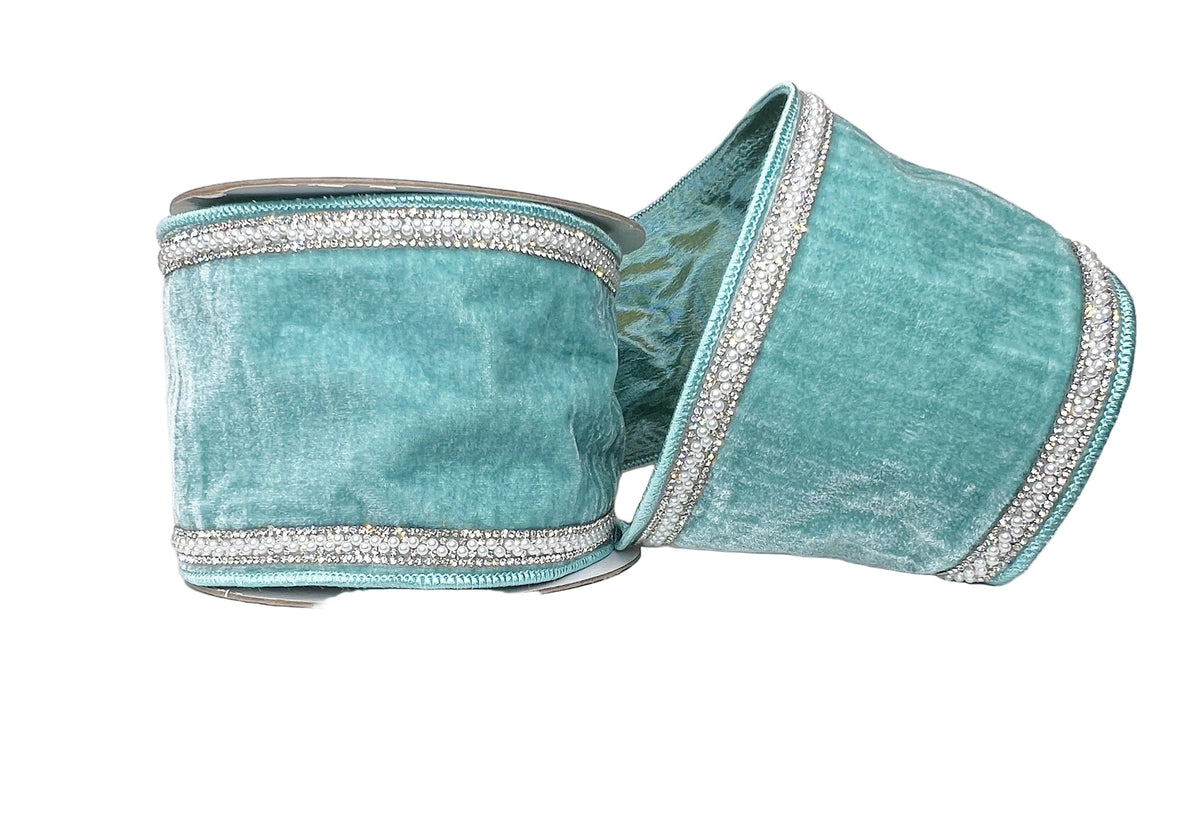 Turquoise/Teal Bling Double Sided 4"Wired Ribbon