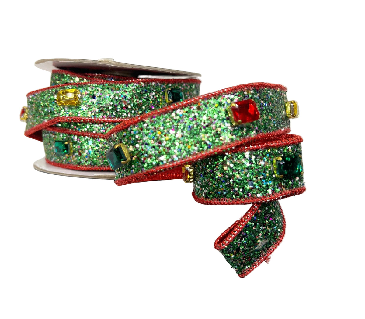 Green Sparkles with Red Piping & Backing Large Gemstone 1"x5Y Wired Ribbon