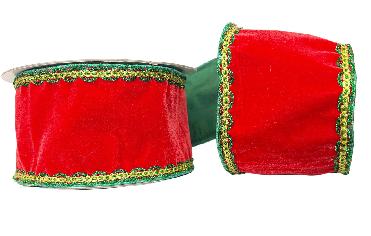 Pre-Order 2026- Red Velvet With Green & Gold Trim 4" Wired Ribbon