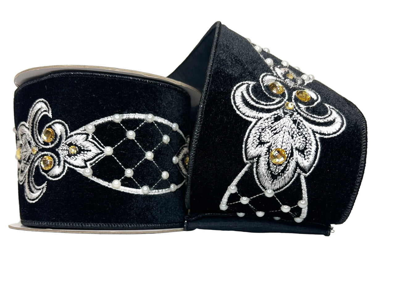Pre-Order 2026- Black Velvet Ornate Pearl and Gold 4" Wired Ribbon
