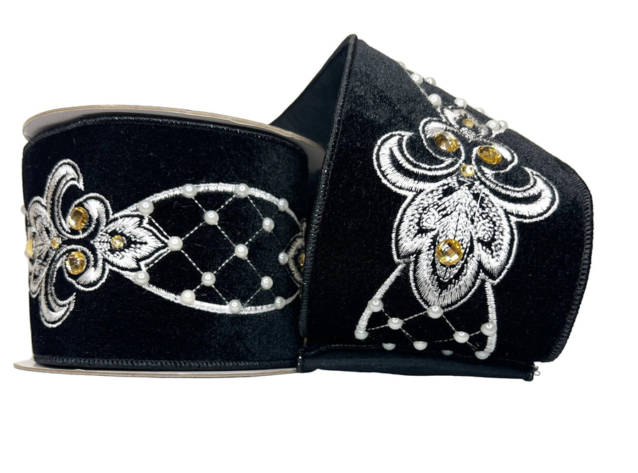 Pre-Order 2026- Black Velvet Ornate Pearl and Gold 4" Wired Ribbon