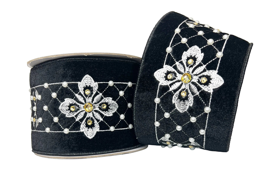 Pre-Order 2026- Black Velvet Pearl and Gold 4" Wired Ribbon