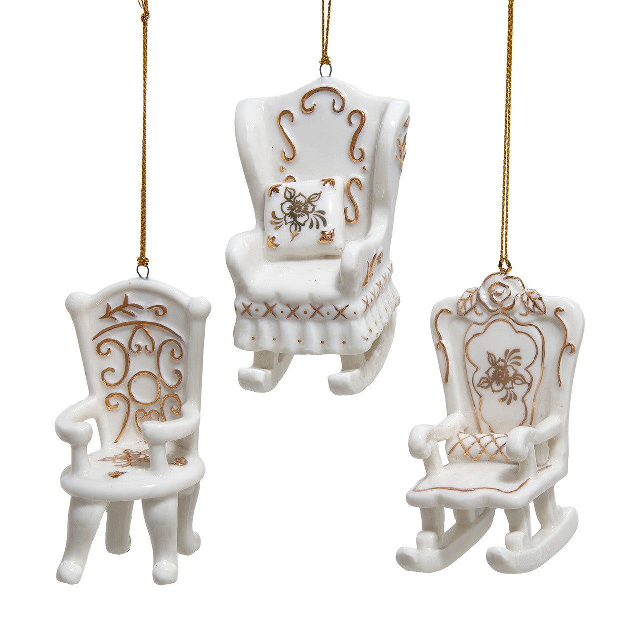 Porcelain Gold & White Chair Ornaments