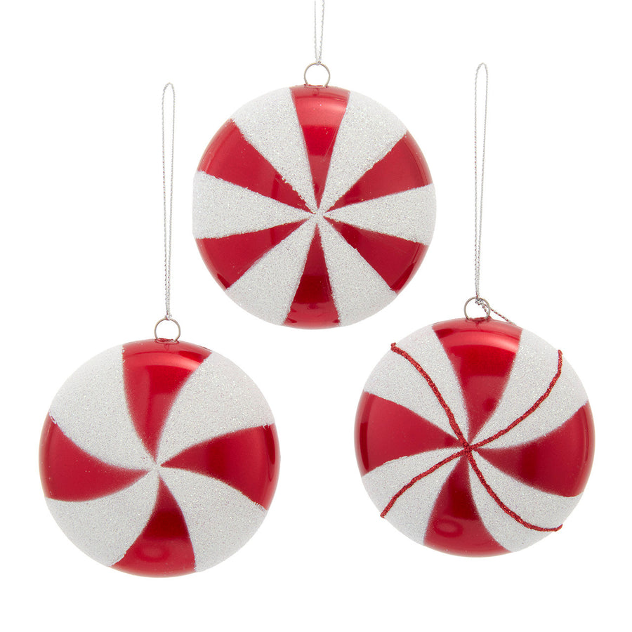 Red & White Glittered Flat Round Peppermint Candy Ornaments