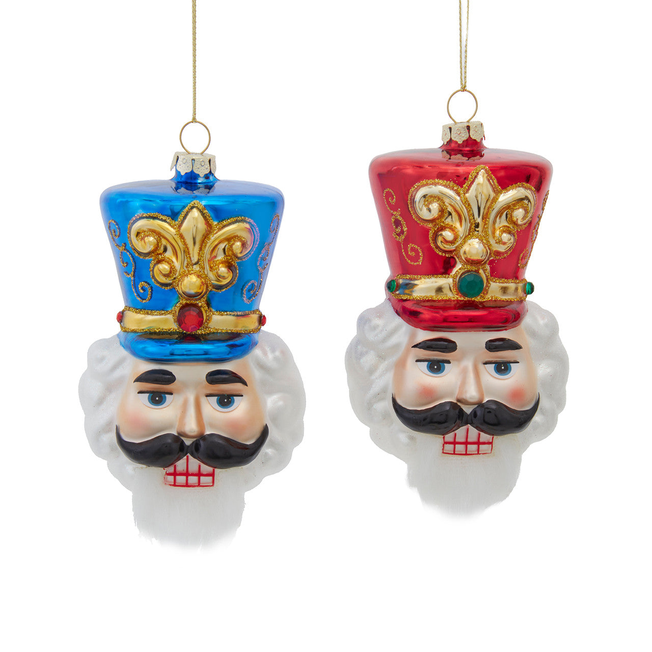 Glass Red & Blue Nutcracker Head Ornaments