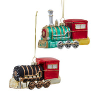 Glass Green, Red & Black With Gold Glitter Locomotive Ornaments