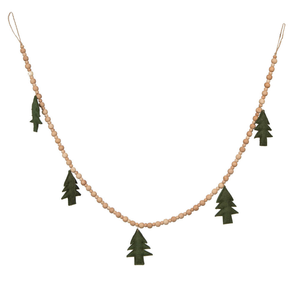 5' Grn Felt Tree/ Ntrl Wood Bead Garland