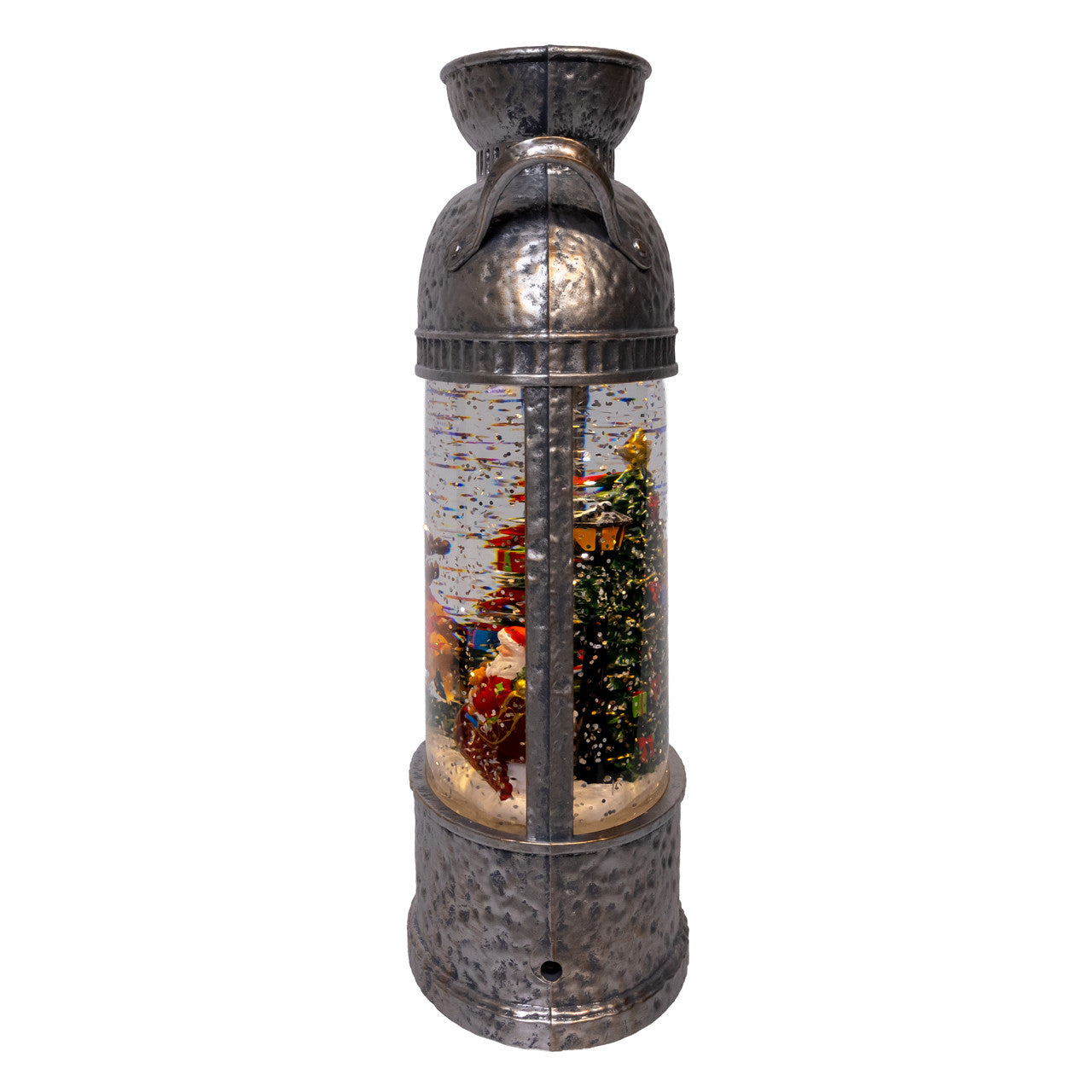 10" LED Sleigh With Santa, Deer & Tree With Spinning Glitter Kettle Water Lantern