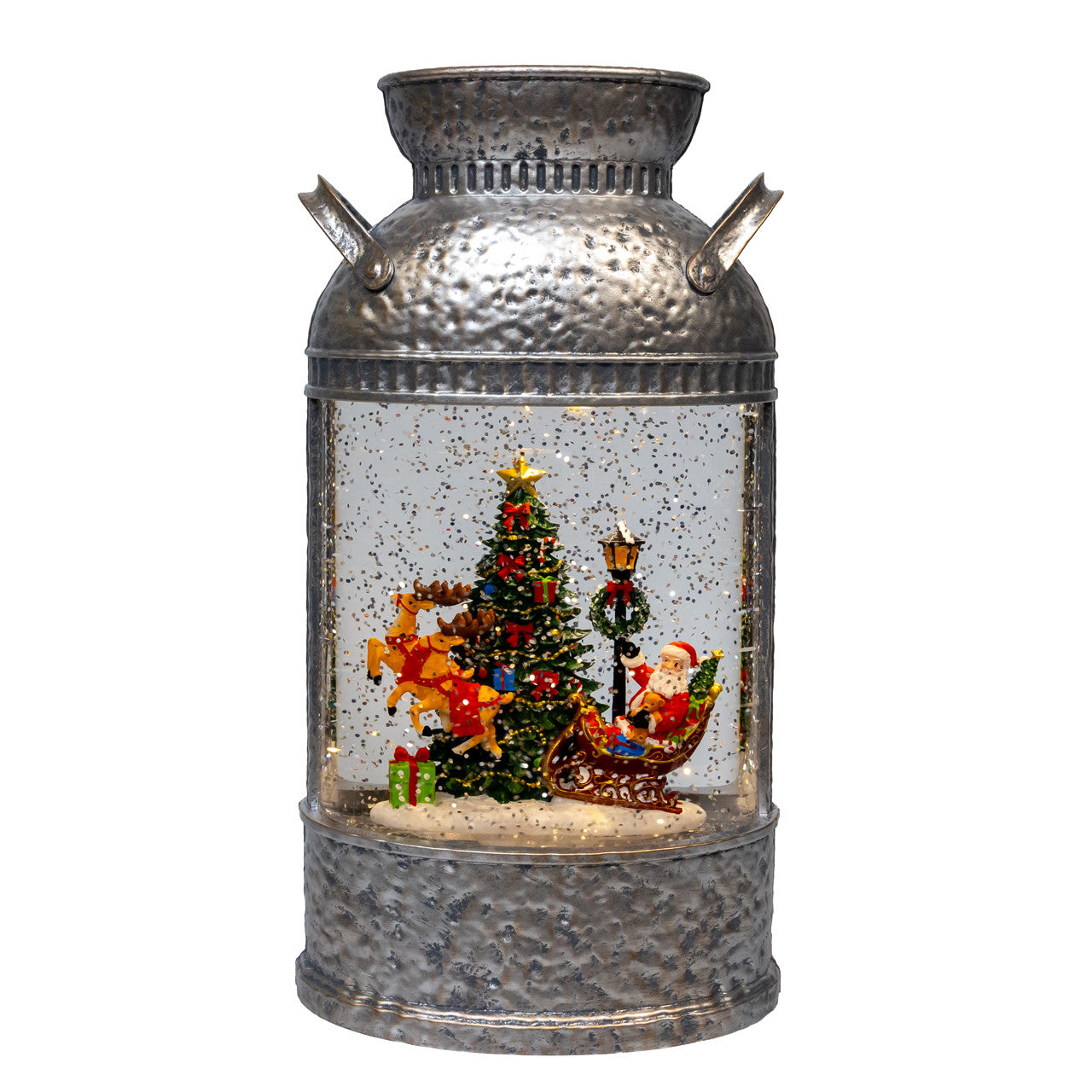 10" LED Sleigh With Santa, Deer & Tree With Spinning Glitter Kettle Water Lantern