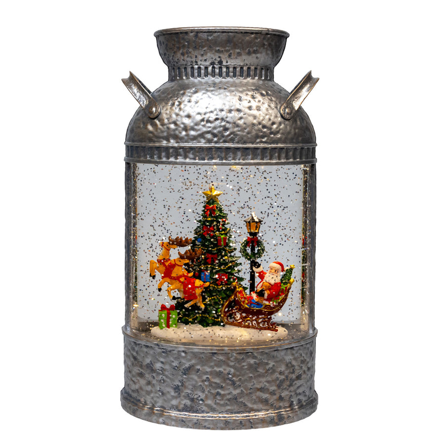 10" LED Sleigh With Santa, Deer & Tree With Spinning Glitter Kettle Water Lantern