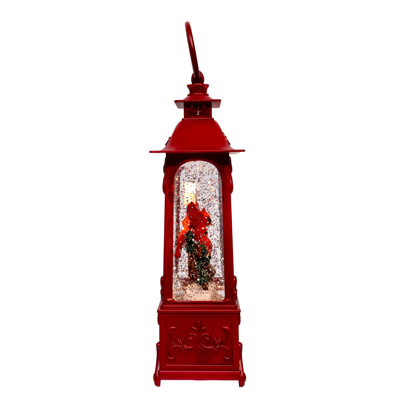 10" LED Cardinals On Tree Branch With Spinning Glitter Water Lantern