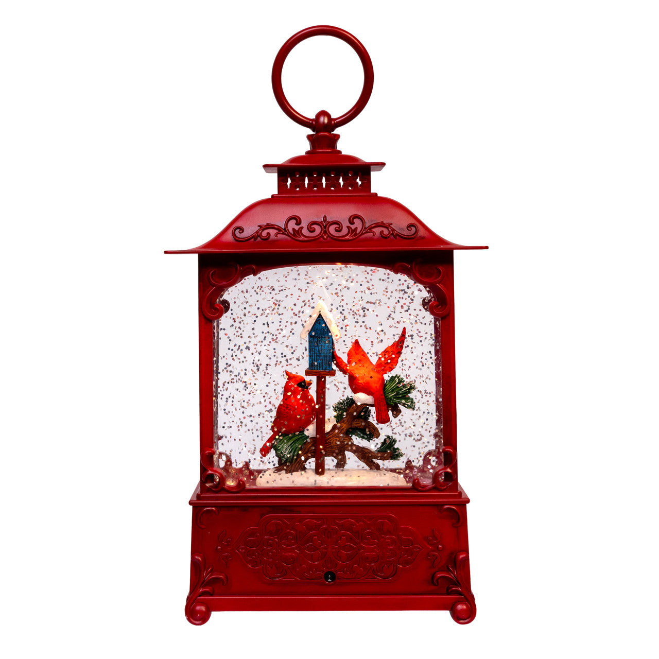 10" LED Cardinals On Tree Branch With Spinning Glitter Water Lantern
