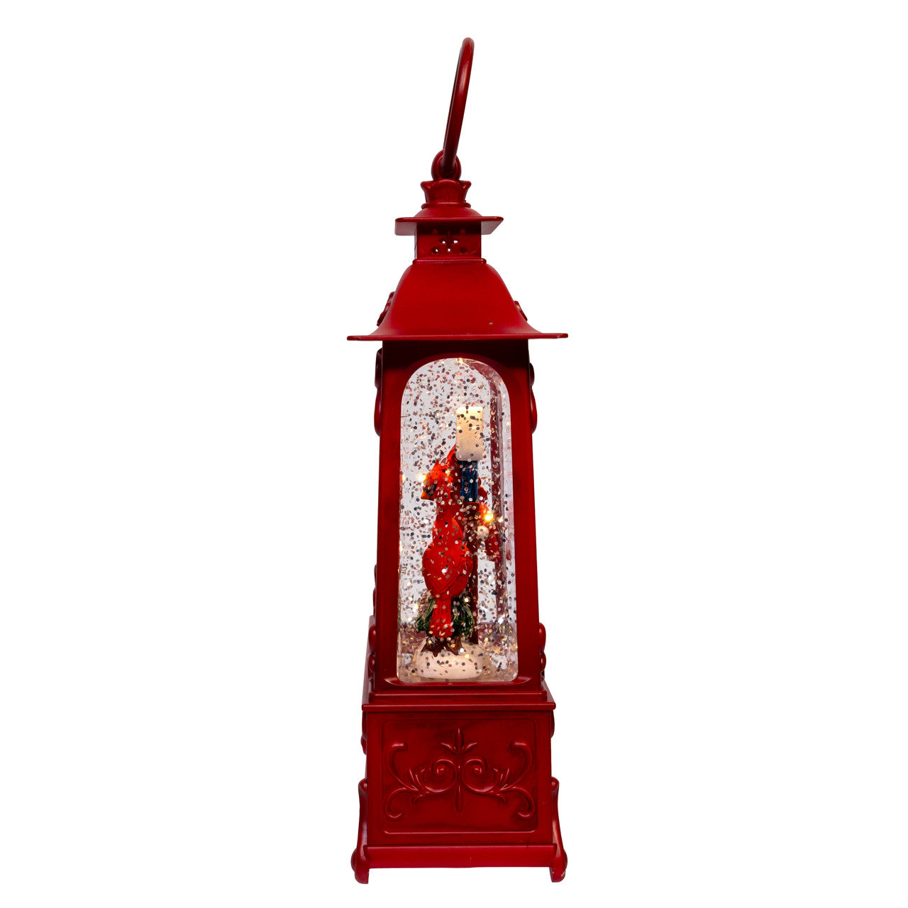 10" LED Cardinals On Tree Branch With Spinning Glitter Water Lantern