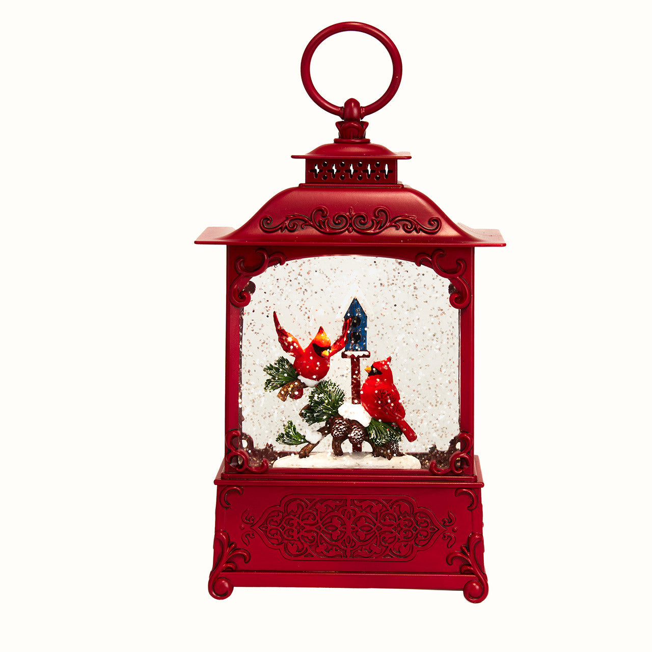 10" LED Cardinals On Tree Branch With Spinning Glitter Water Lantern