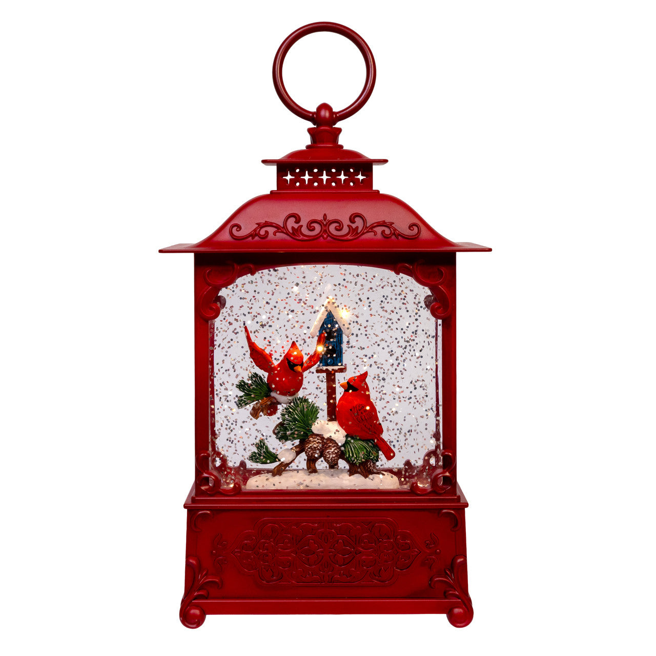 10" LED Cardinals On Tree Branch With Spinning Glitter Water Lantern