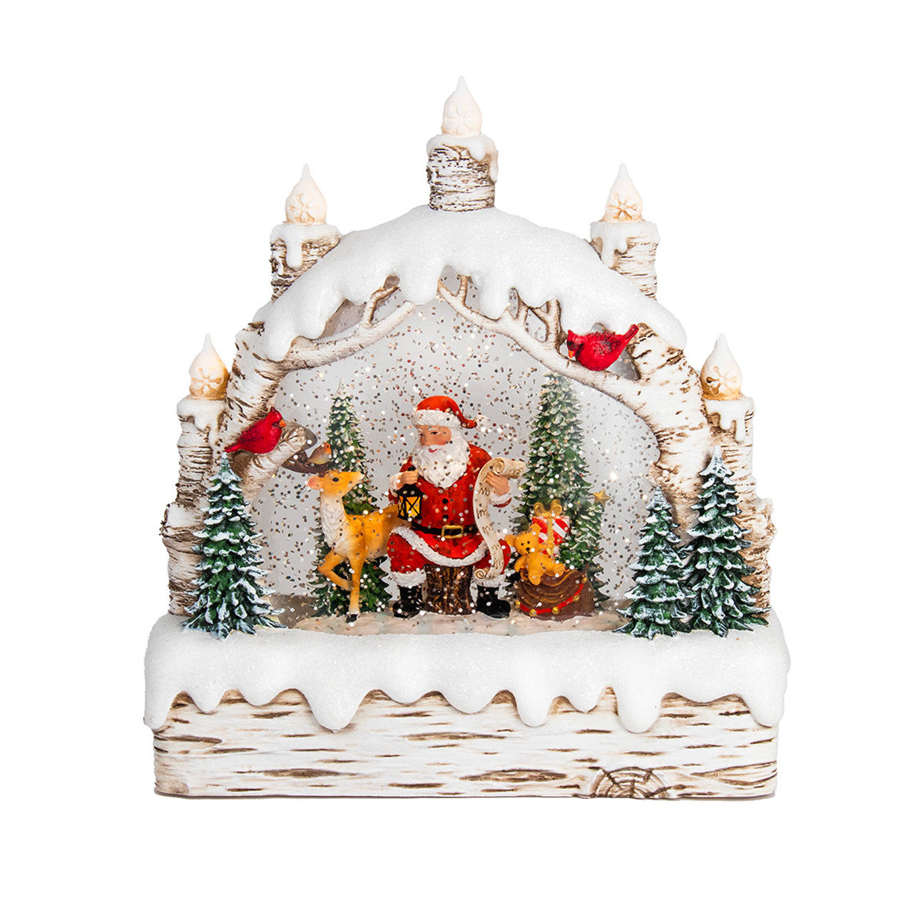 9" Battery Operated USB LED Candles Birch Tree With Santa & Tree Watern Lantern