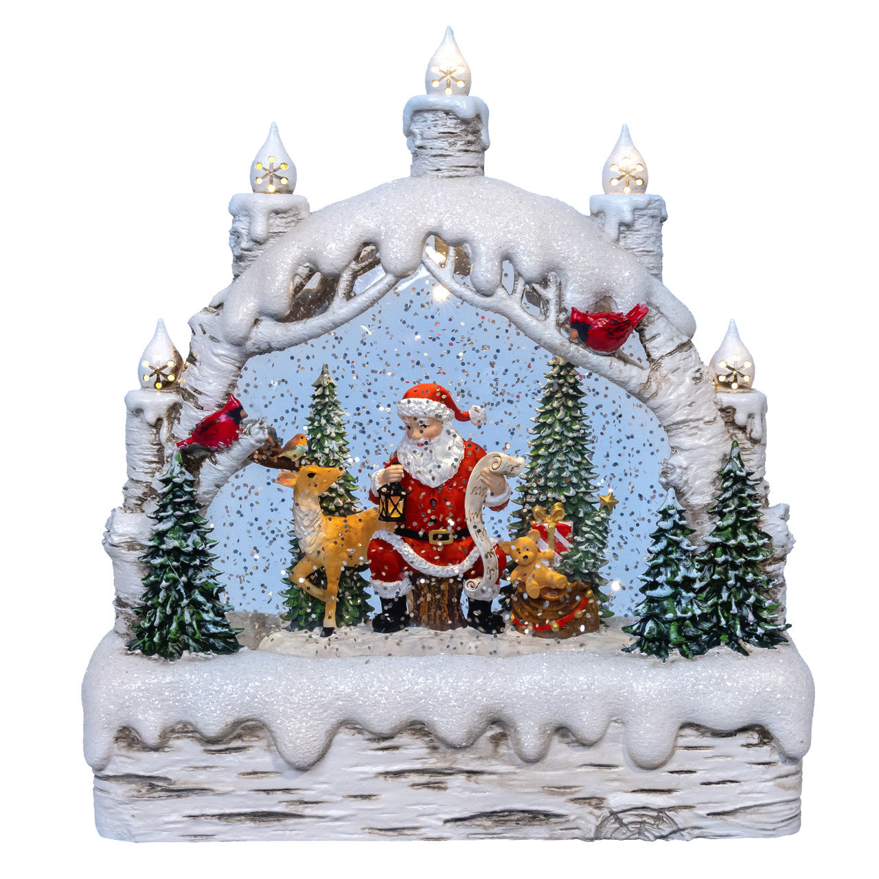 9" Battery Operated USB LED Candles Birch Tree With Santa & Tree Watern Lantern