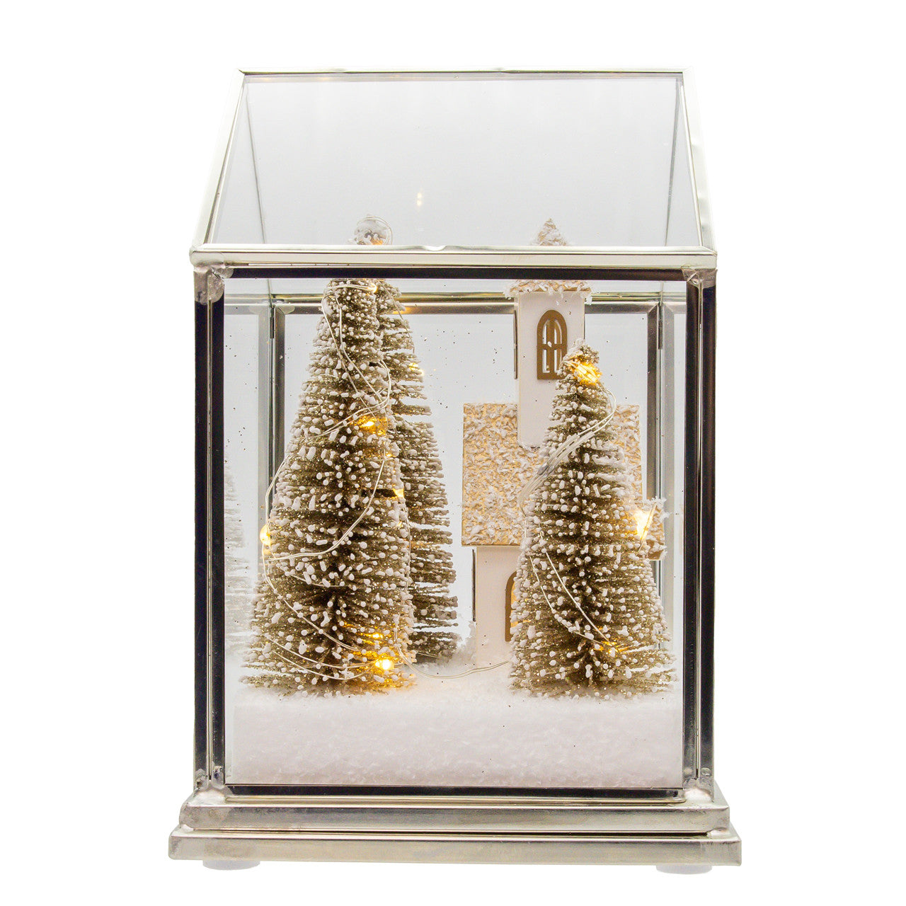 6.75" Battery Operated LED Lighted Glass Lampshade House With Small Church & Tree