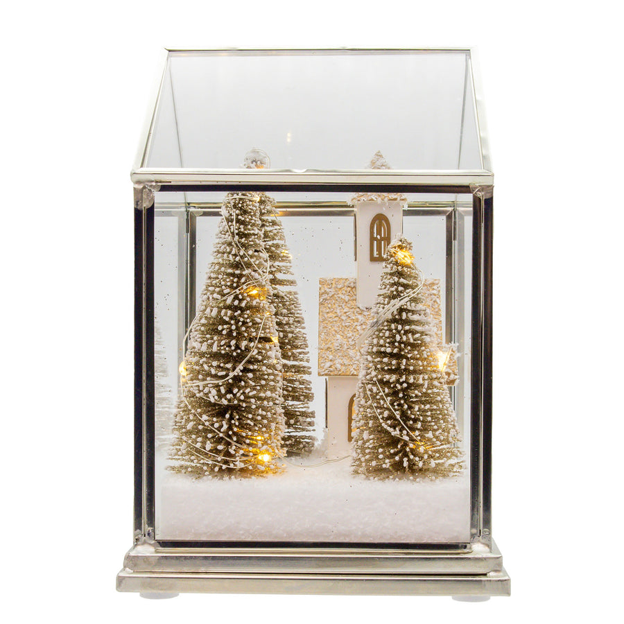 6.75" Battery Operated LED Lighted Glass Lampshade House With Small Church & Tree