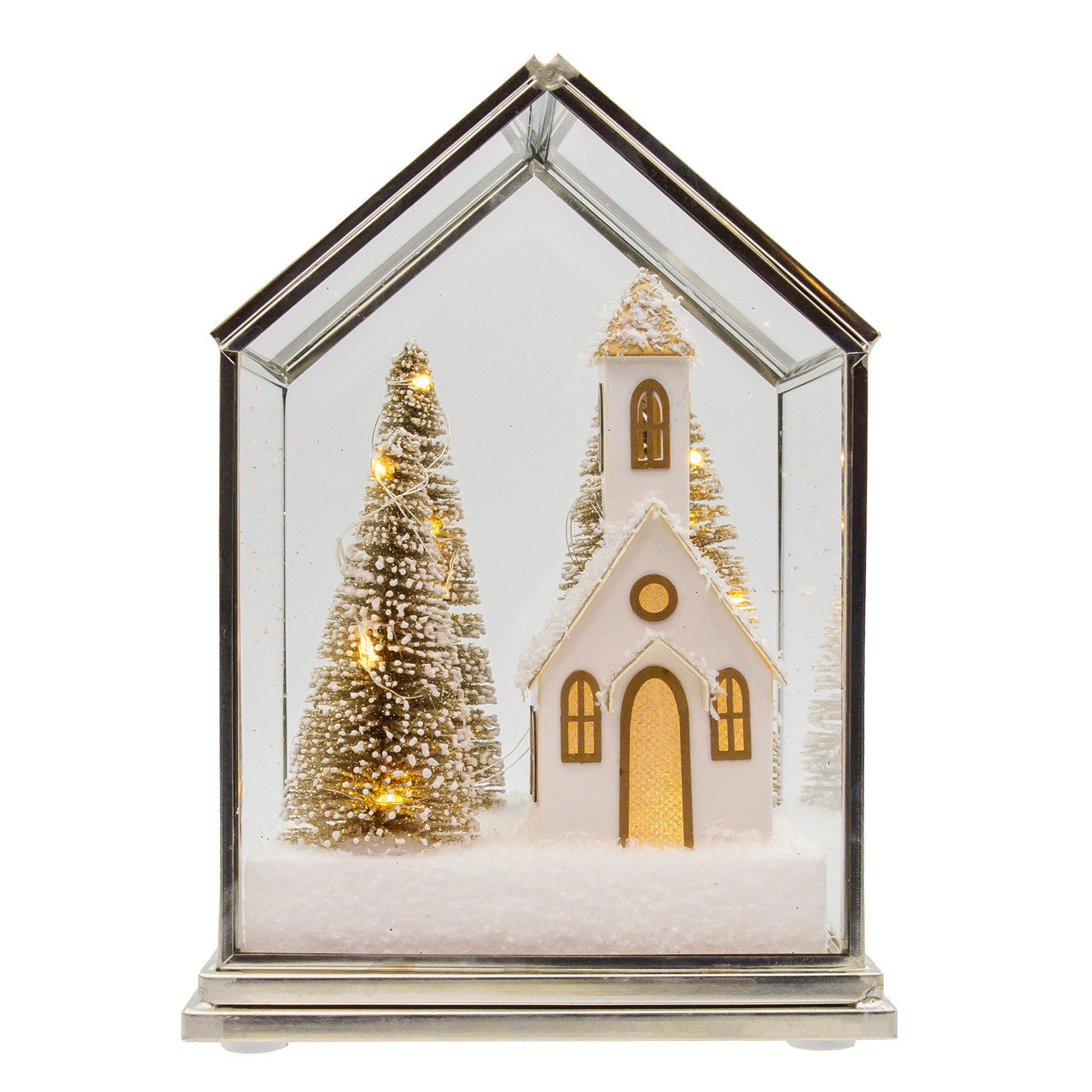 6.75" Battery Operated LED Lighted Glass Lampshade House With Small Church & Tree