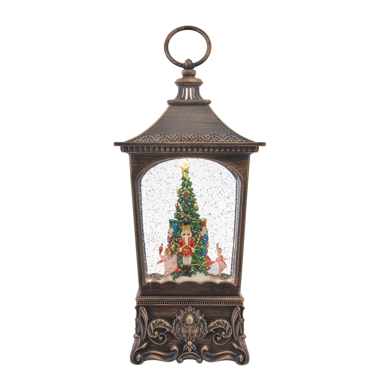 11.3" Battery Operated Lighted USB Nutcracker With Tree & Swirling Glitter Lantern