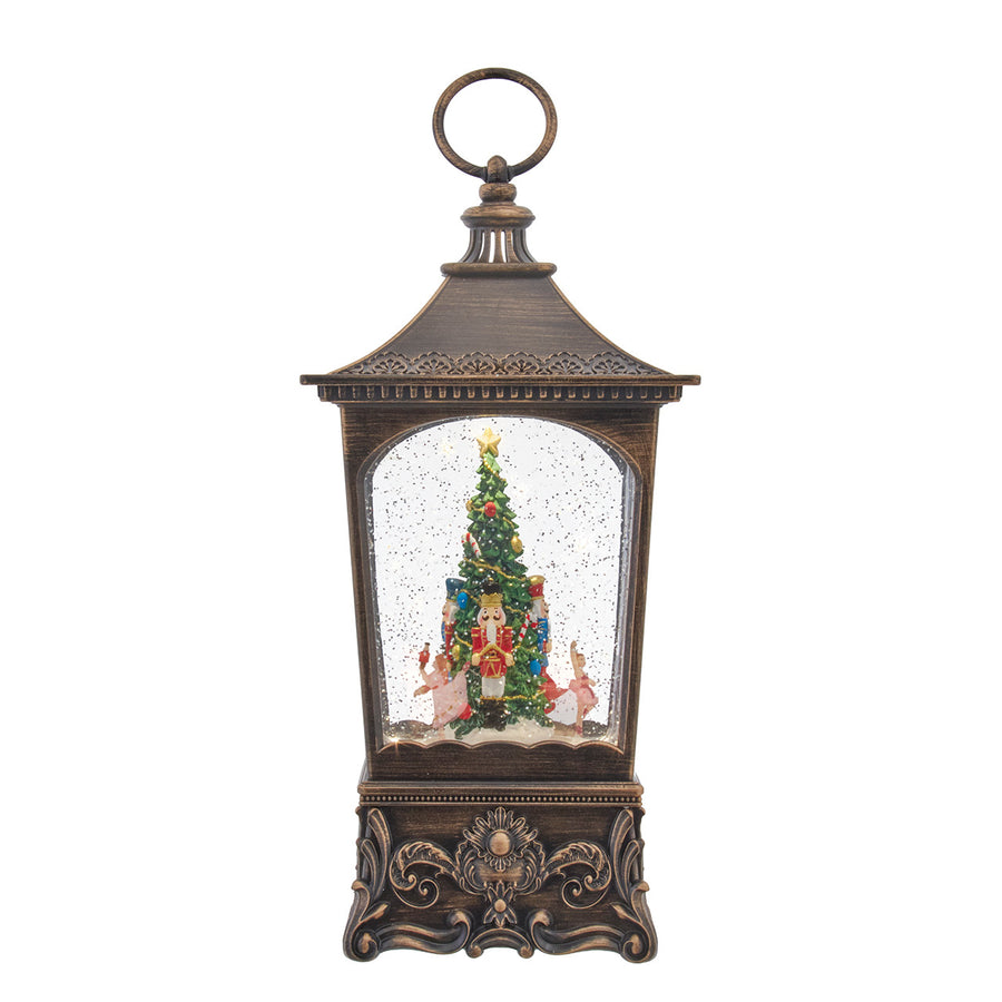 11.3" Battery Operated Lighted USB Nutcracker With Tree & Swirling Glitter Lantern