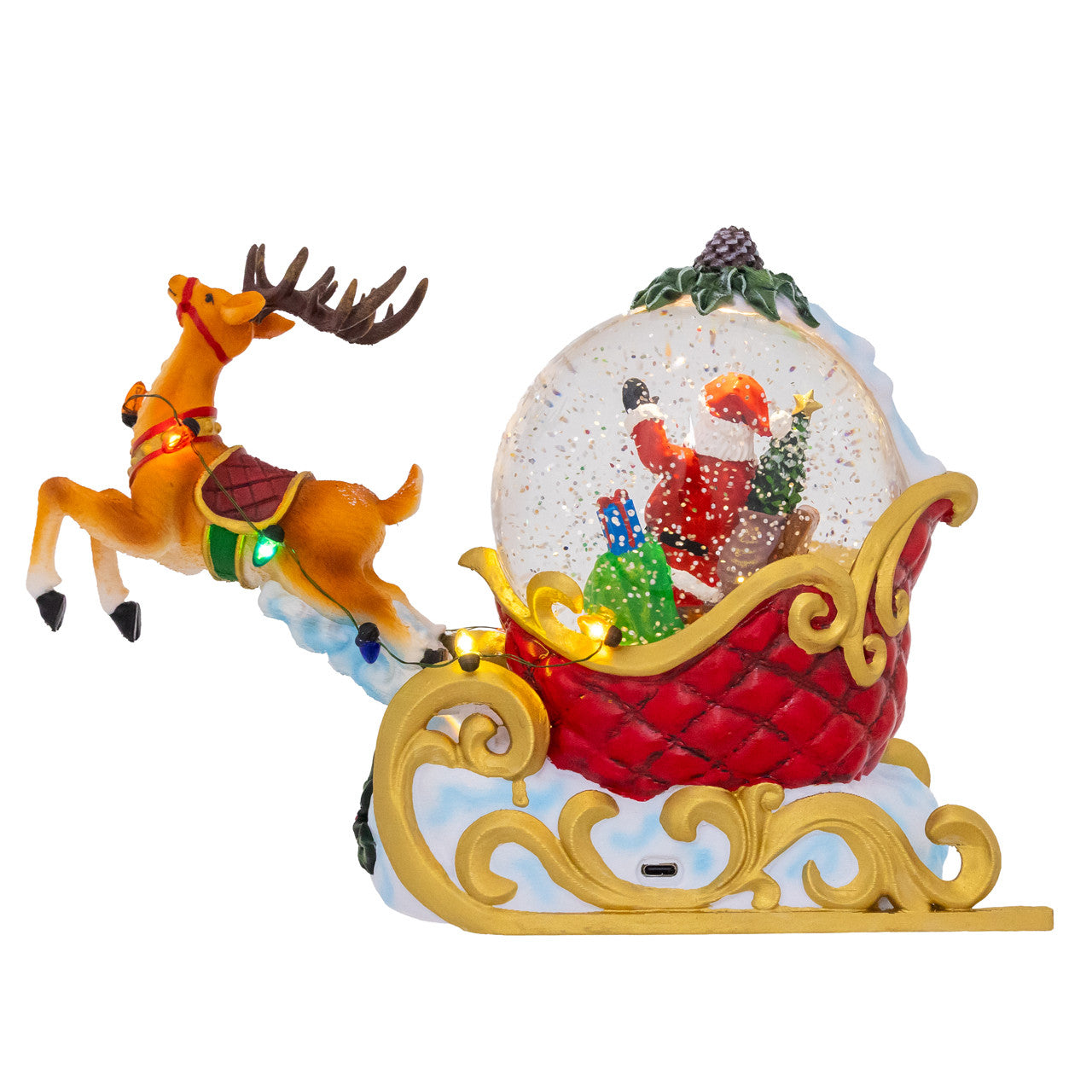 7" Battery Operated Musical Lighted USB Santa On Sleigh With Moving Deer Table Piece