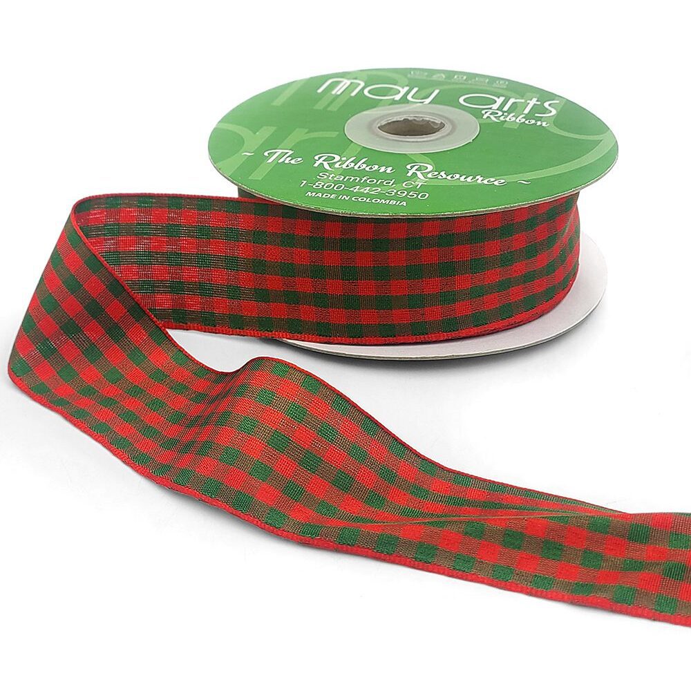 1.5 Inch Checkered Gingham Ribbon with Woven Edge – KB-5-44 – RED/DARK GREEN