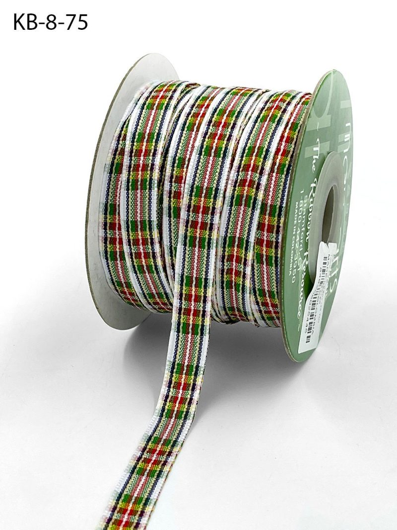 3/8 Inch Checkered Ribbon with Woven Edge – KB-8-75 RED/GREEN/YELLOW/NAVY PLAID
