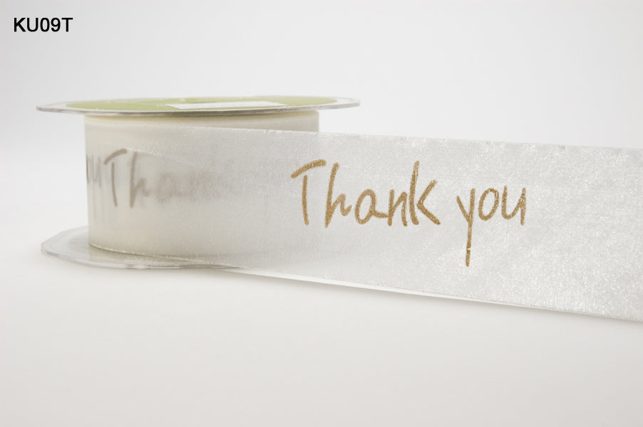 1.5 Inch White Sentiment Print Ribbon with Cut Edge – KU09T – IVORY/GOLD THANK YOU