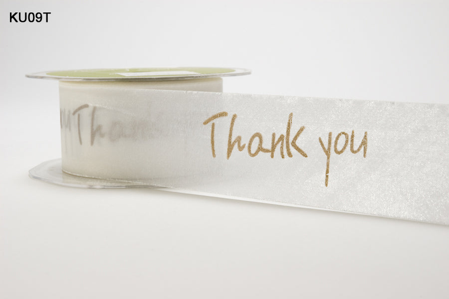 1.5 Inch White Sentiment Print Ribbon with Cut Edge – KU09T – IVORY/GOLD THANK YOU