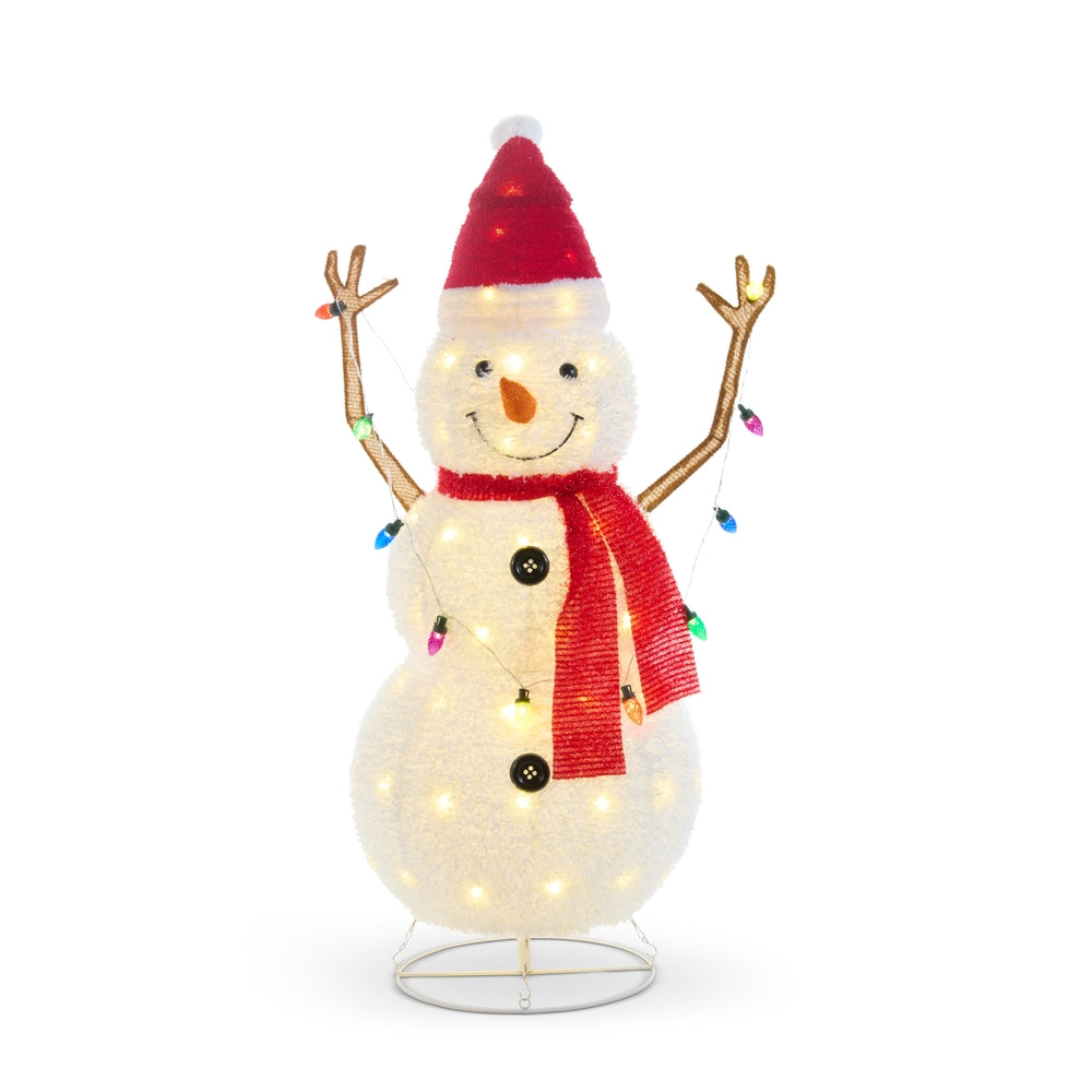 40" Lighted Santa Hat Snowman - Polyester, Metal And Plastic