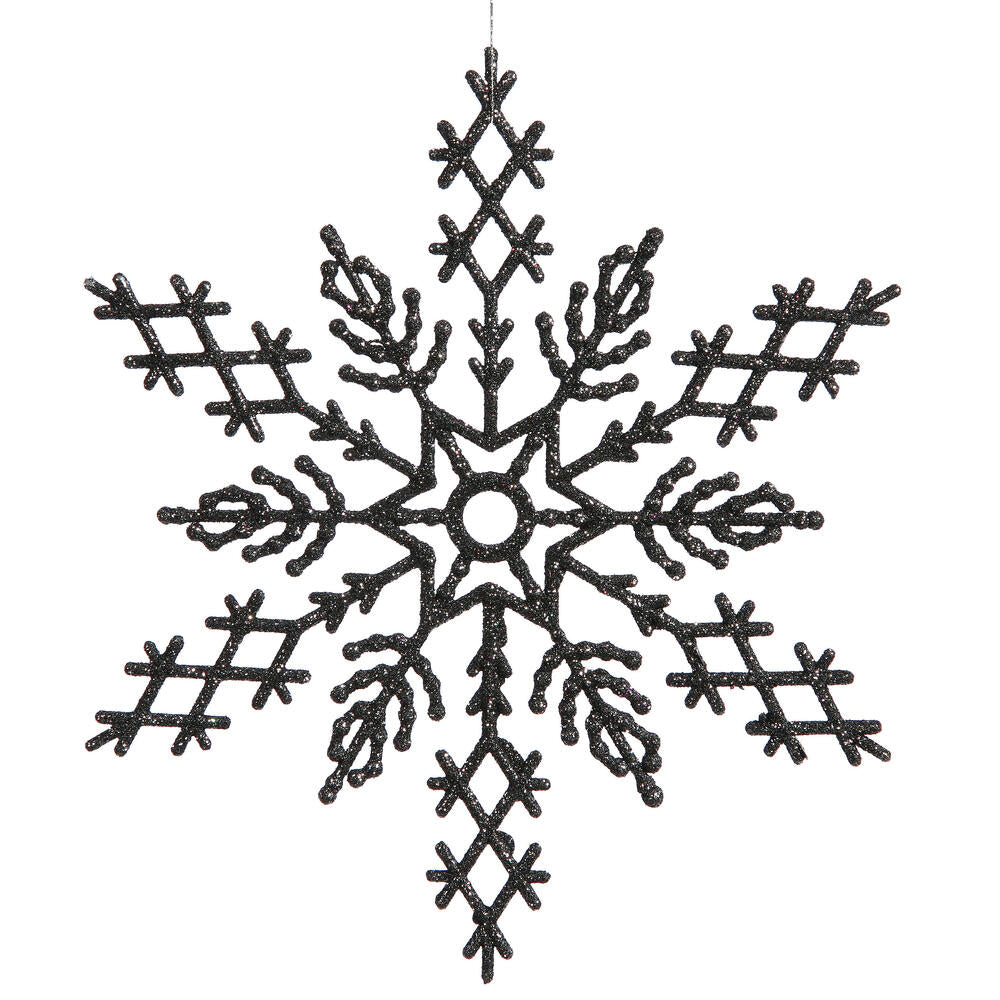 8" Jet Black Glitter Snowflake 12/Pvc Bx