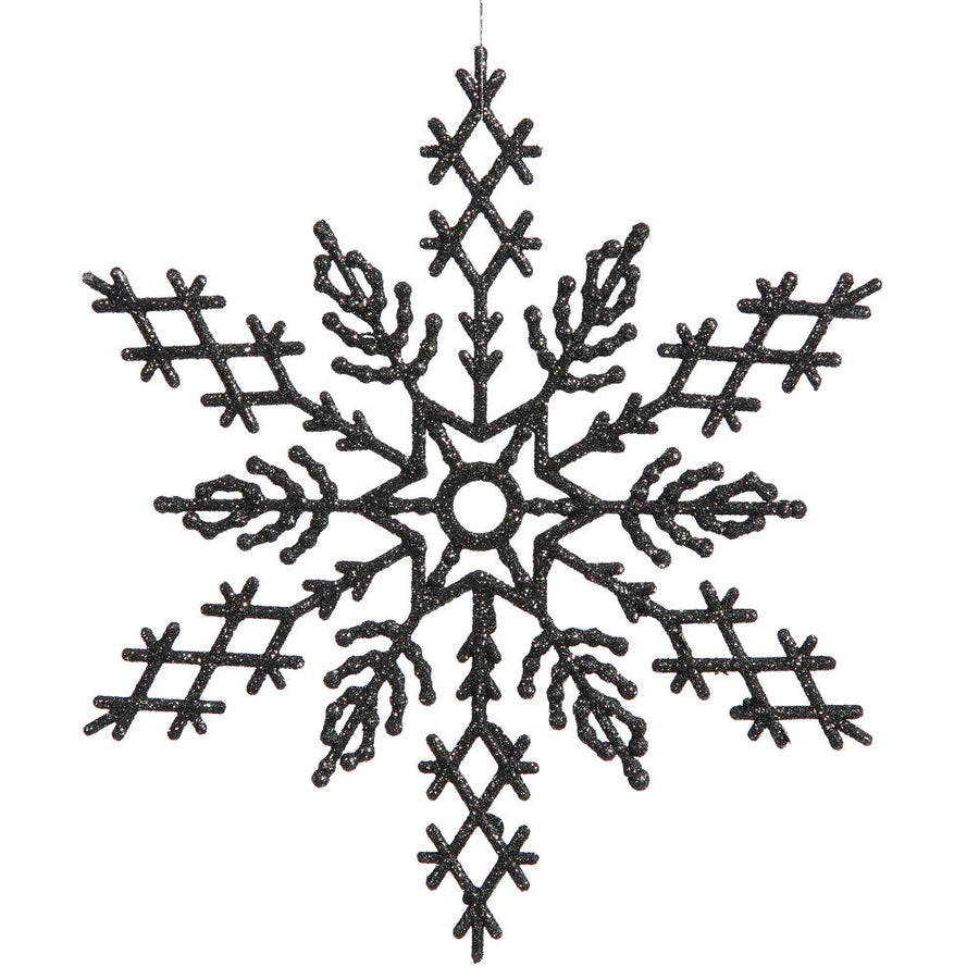 8" Jet Black Glitter Snowflake 12/Pvc Bx