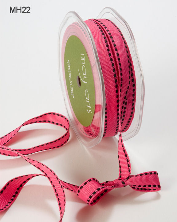 1/2 Inch GROSGRAIN/STITCHED EDGE Ribbon – MH22 – LIGHT FUCHSIA/BLACK STITCH