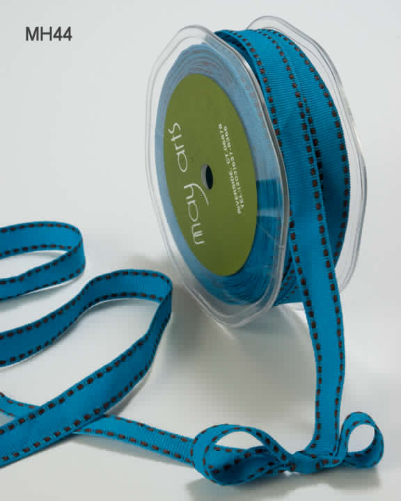 1/2 Inch GROSGRAIN/STITCHED EDGE Ribbon – MH44 – BLUE/BROWN STITCH