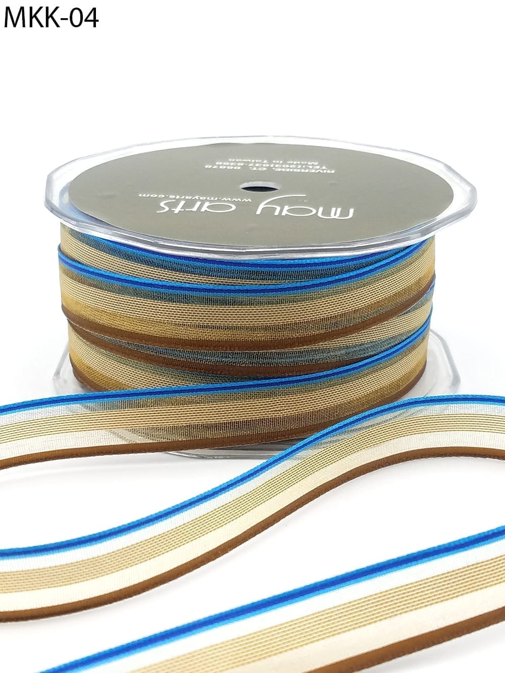 1/2 Inch SHEER/STRIPES Ribbon – MKK04 – BLUE/ANTIQUE GOLD/BROWN