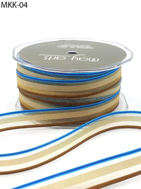 1/2 Inch SHEER/STRIPES Ribbon – MKK04 – BLUE/ANTIQUE GOLD/BROWN