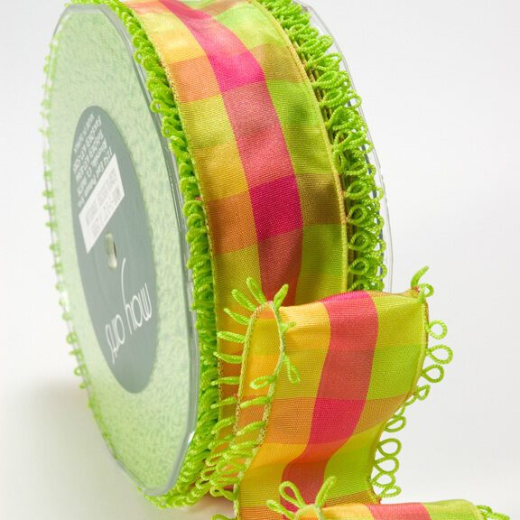 1.5 Inch Looped Picot Edge Plaid Ribbon – MR66 – PARROT GREEN/PINK/YELLOW
