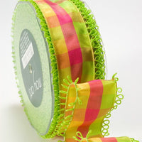 1.5 Inch Looped Picot Edge Plaid Ribbon – MR66 – PARROT GREEN/PINK/YELLOW
