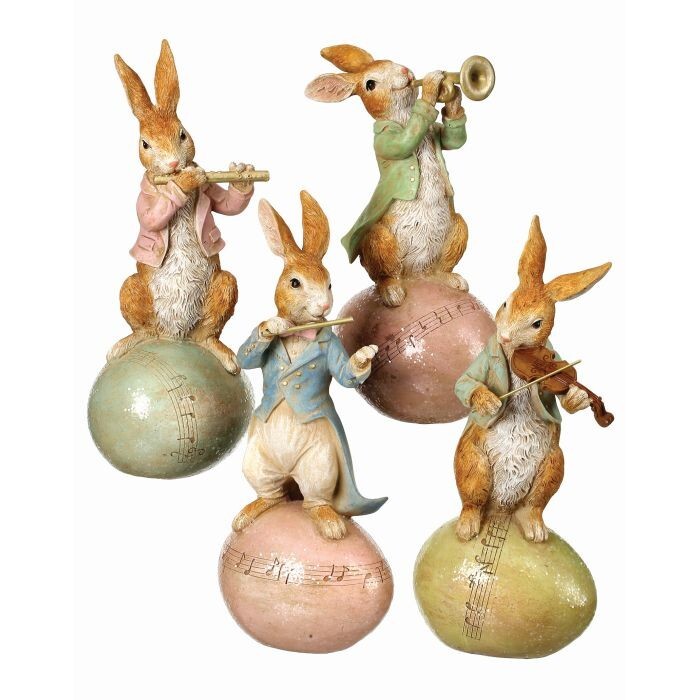 Resin Vintage Music Bunnies On Egg 9" 4As"