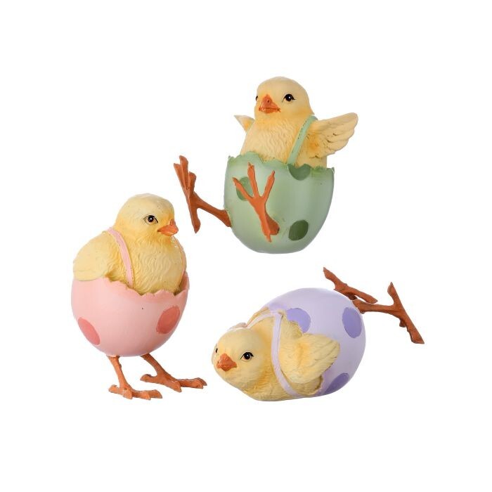 4-4.5" Resin Playful Chick W/Egg 3/Ast
